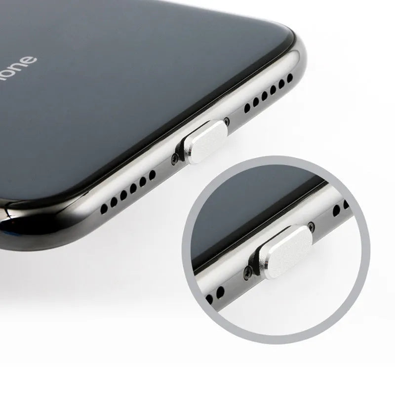 Aluminium alloy dust plug for iPhone charging port in various colours including gold and rose gold.