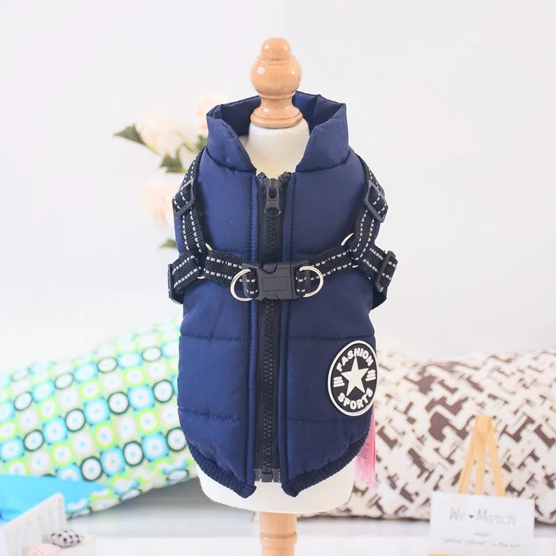Waterproof rain silk dog winter coat with harness hole in navy blue for large breeds