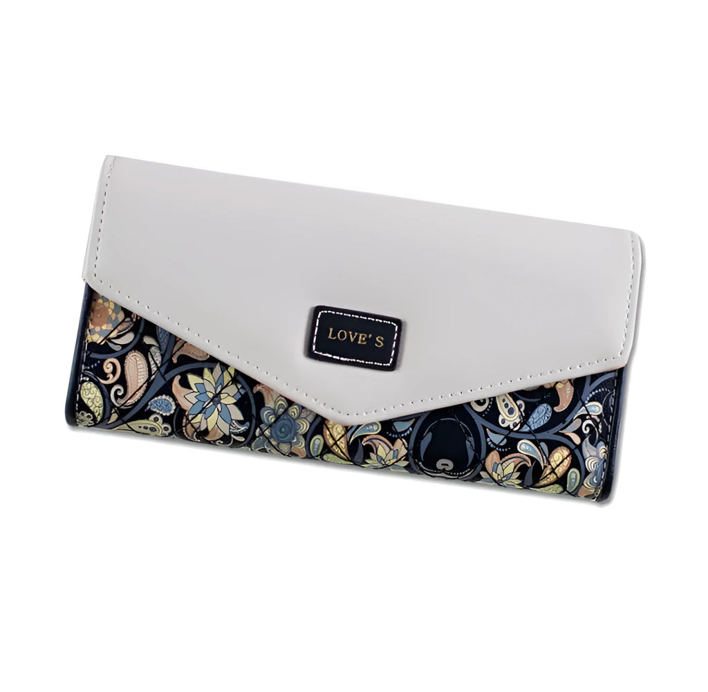 Open view of a large capacity three-fold women's wallet showing multiple card slots and a zipped coin purse.