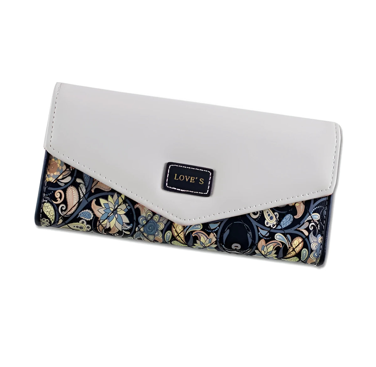 Open view of a large capacity three-fold women's wallet showing multiple card slots and a zipped coin purse.