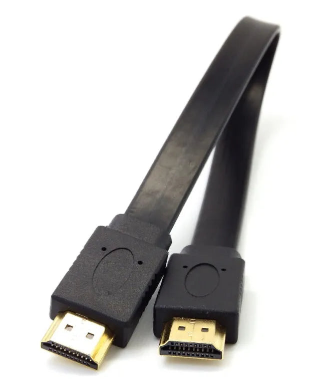 Flat HDMI cable with male connectors showing length options from 0.3 metres to 10 metres