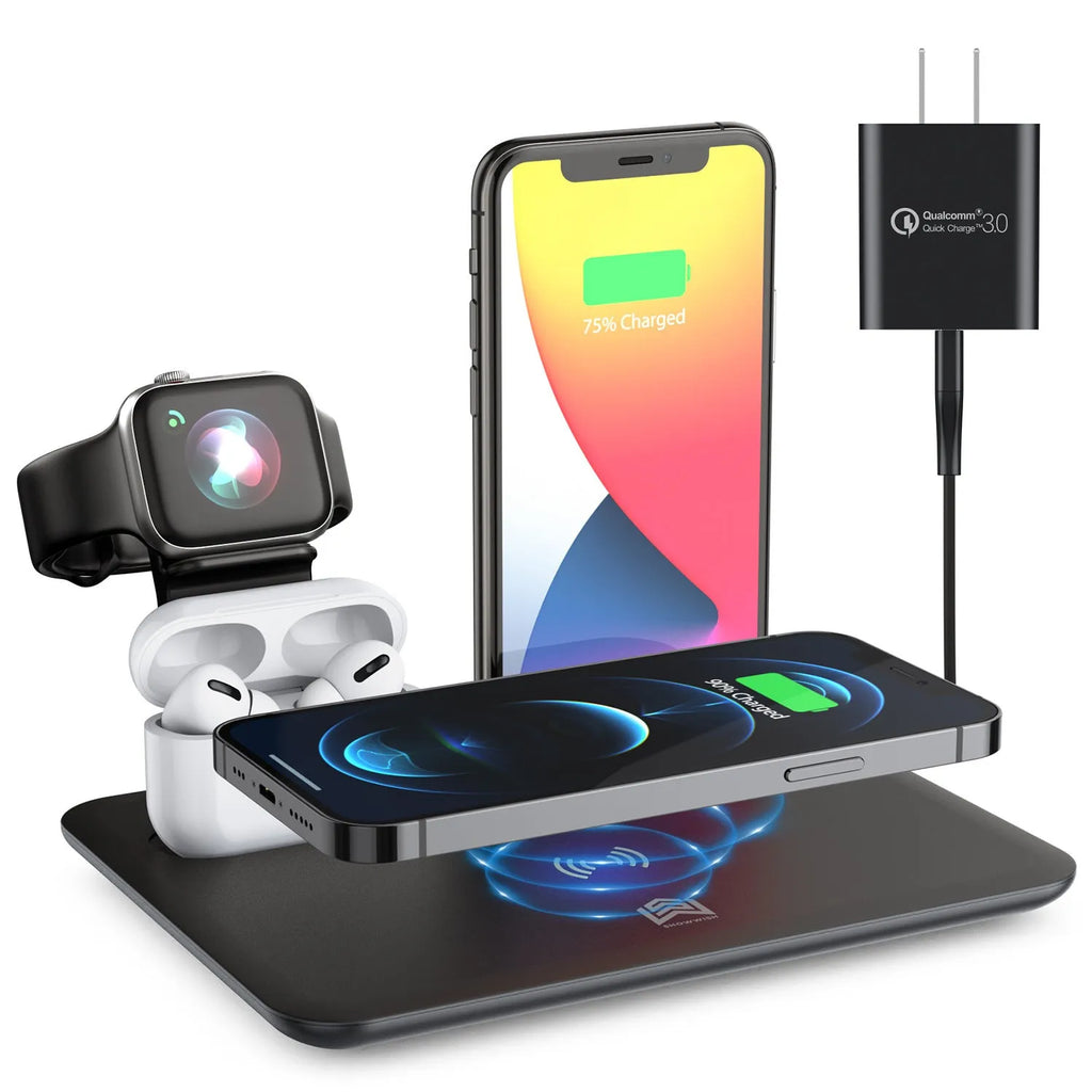 Black desktop wireless charging station with phone bracket, watch and headphone charging ports