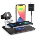 Black desktop wireless charging station with phone bracket, watch and headphone charging ports