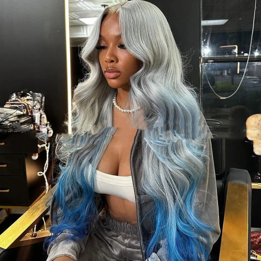 Grey blue gradient human hair lace front wig with natural-looking hairline
