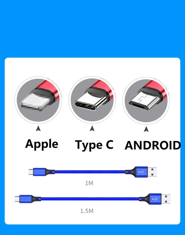 A 2-metre long USB data cable for phones, shown in one of five colour options: black, blue, gold, red, or silver.