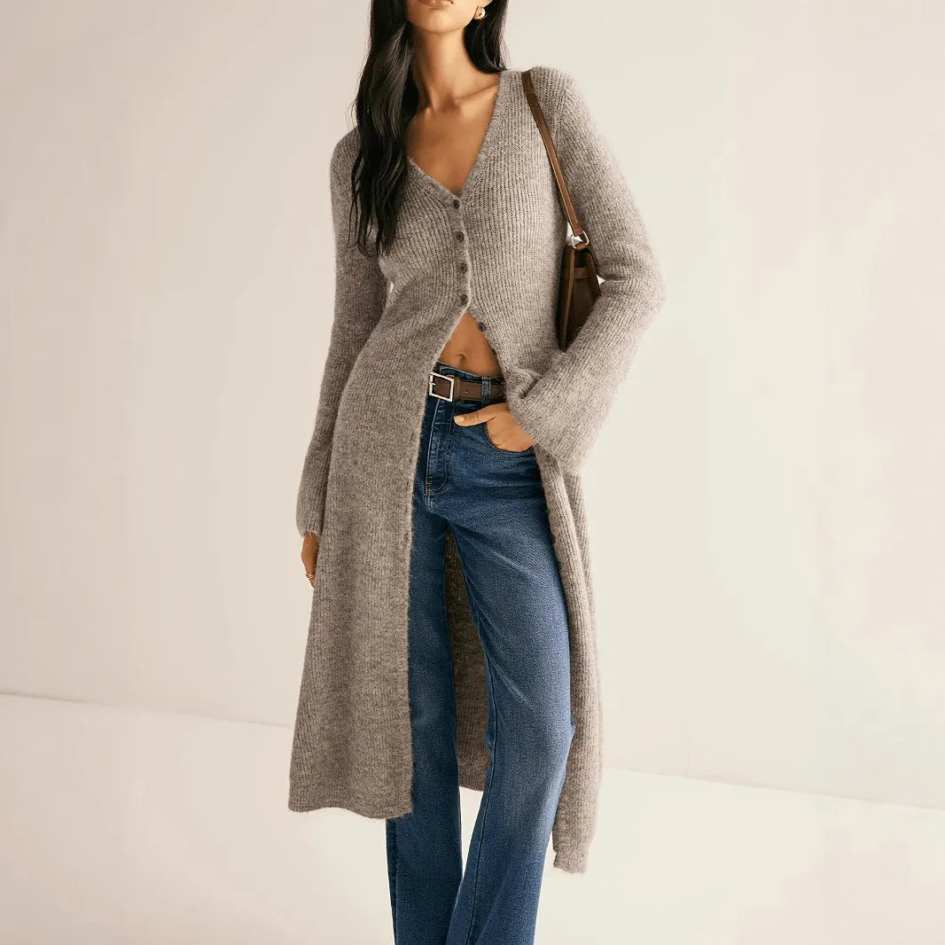 Women's khaki French retro style cardigan coat with long sleeves and button front closure