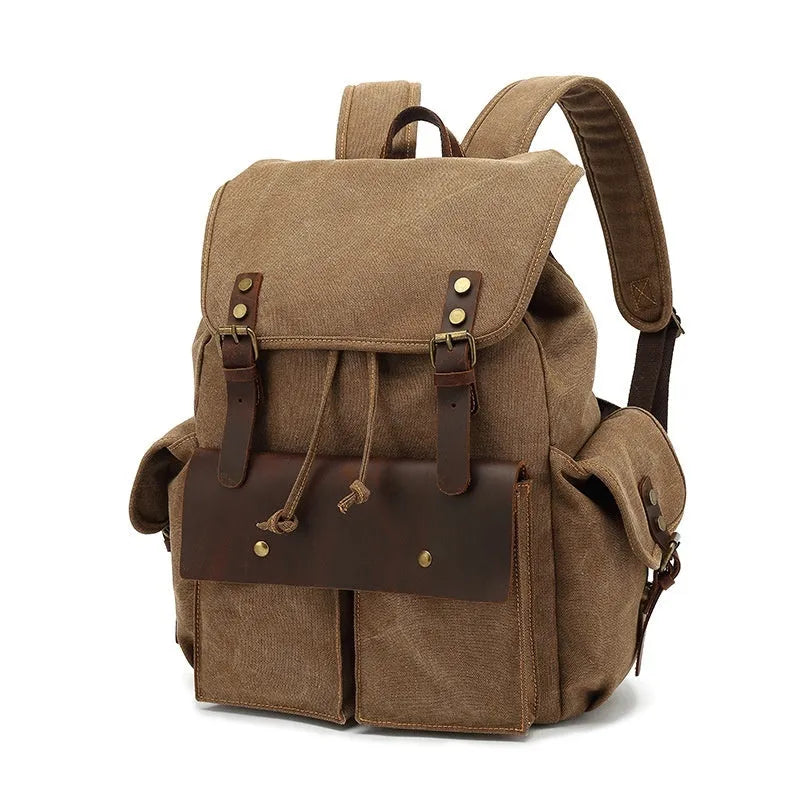 Retro polyester cotton canvas backpack in military green with antique bronze hardware, showing front and side view.