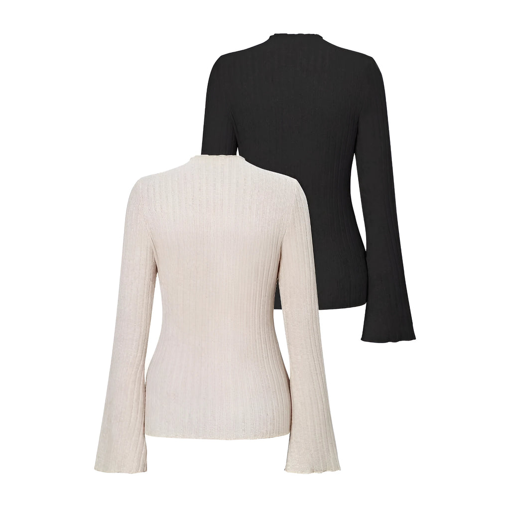 Long sleeve round neck top in black with lantern sleeves and brushed sunken stripe texture