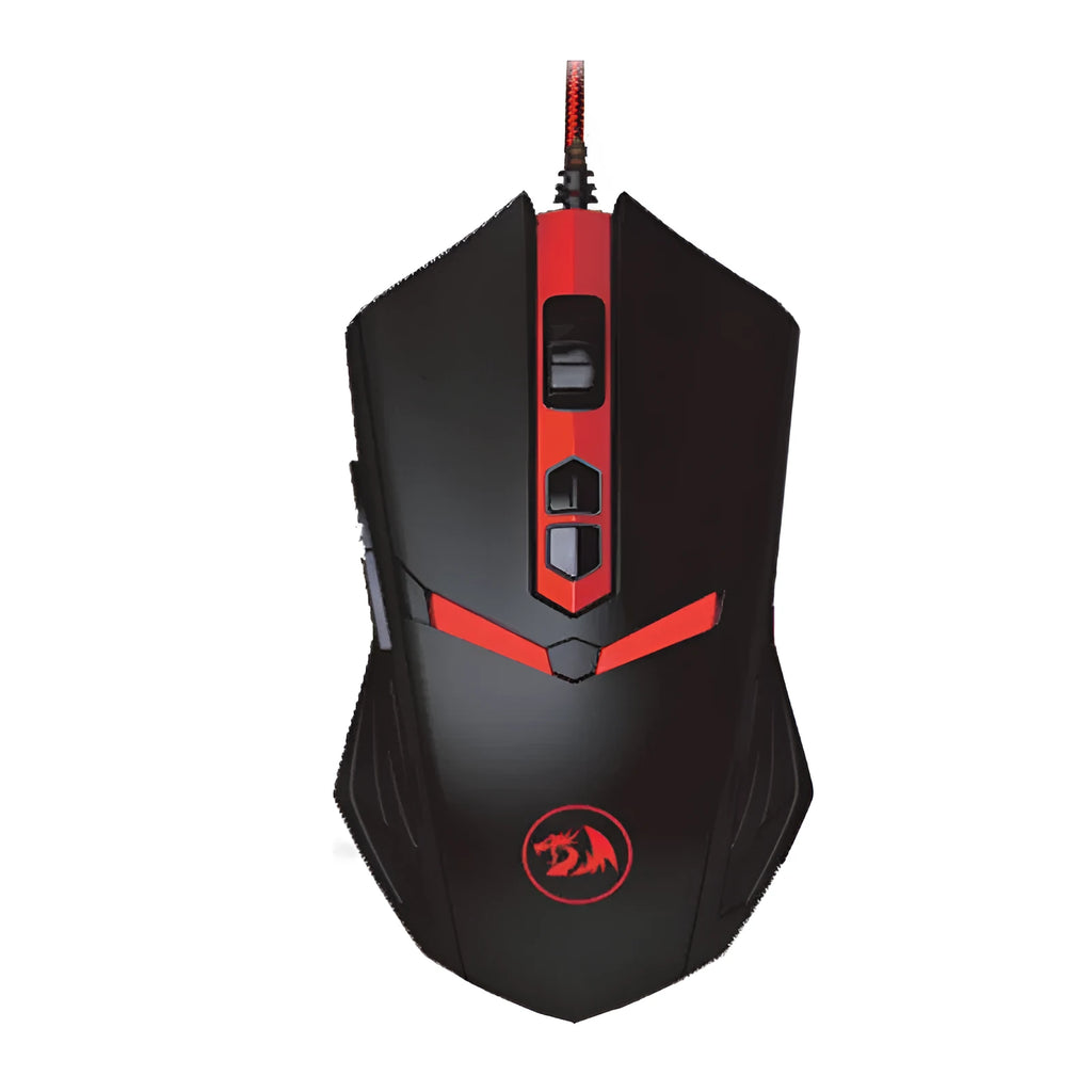 Black and red wired USB optical gaming mouse with six buttons on a desk