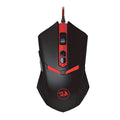 Black and red wired USB optical gaming mouse with six buttons on a desk
