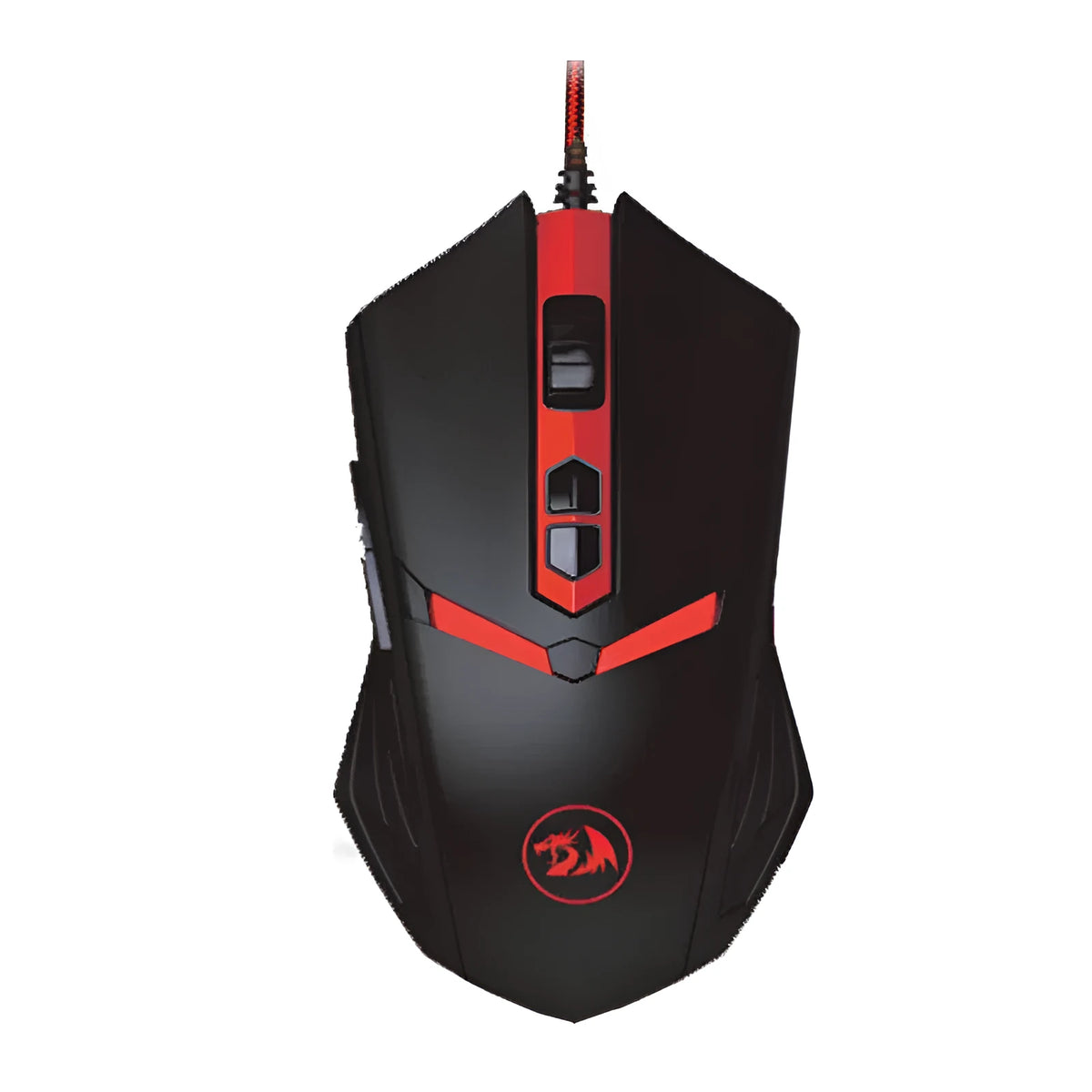 Black and red wired USB optical gaming mouse with six buttons on a desk