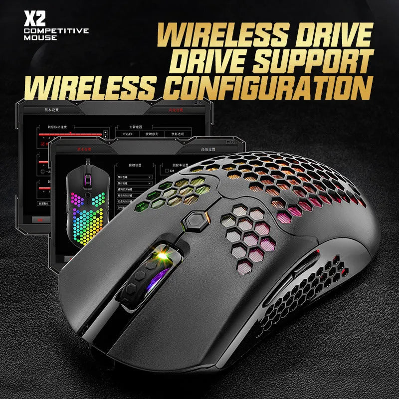 Free Wolf X2 wireless RGB gaming mouse with honeycomb shell in black, green, pink, white or yellow