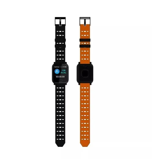 A6 smart bracelet in black, blue, or orange with a colour screen and silicone strap.