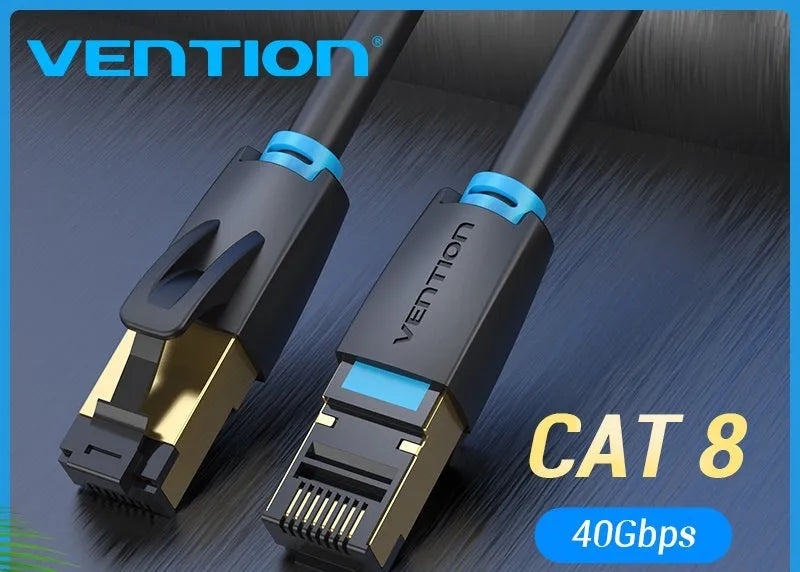 CAT8 Ethernet network cable with RJ45 connectors, shown in flat and round style options