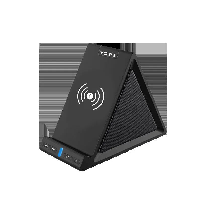 Black multifunctional mobile phone holder with built-in Bluetooth speaker and wireless charging capability