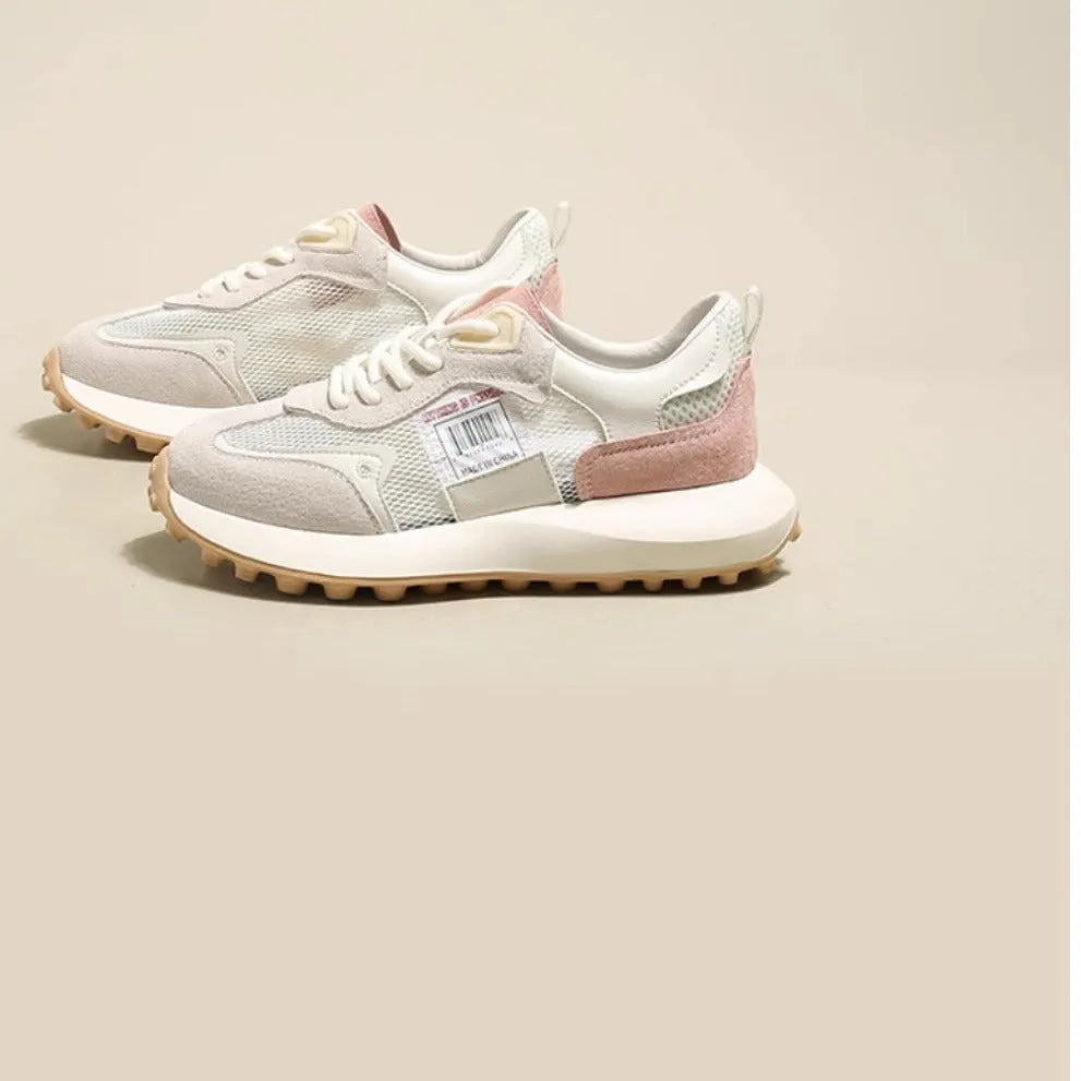 Women's grey and pink low-top retro sneakers with round toe and flat heel design