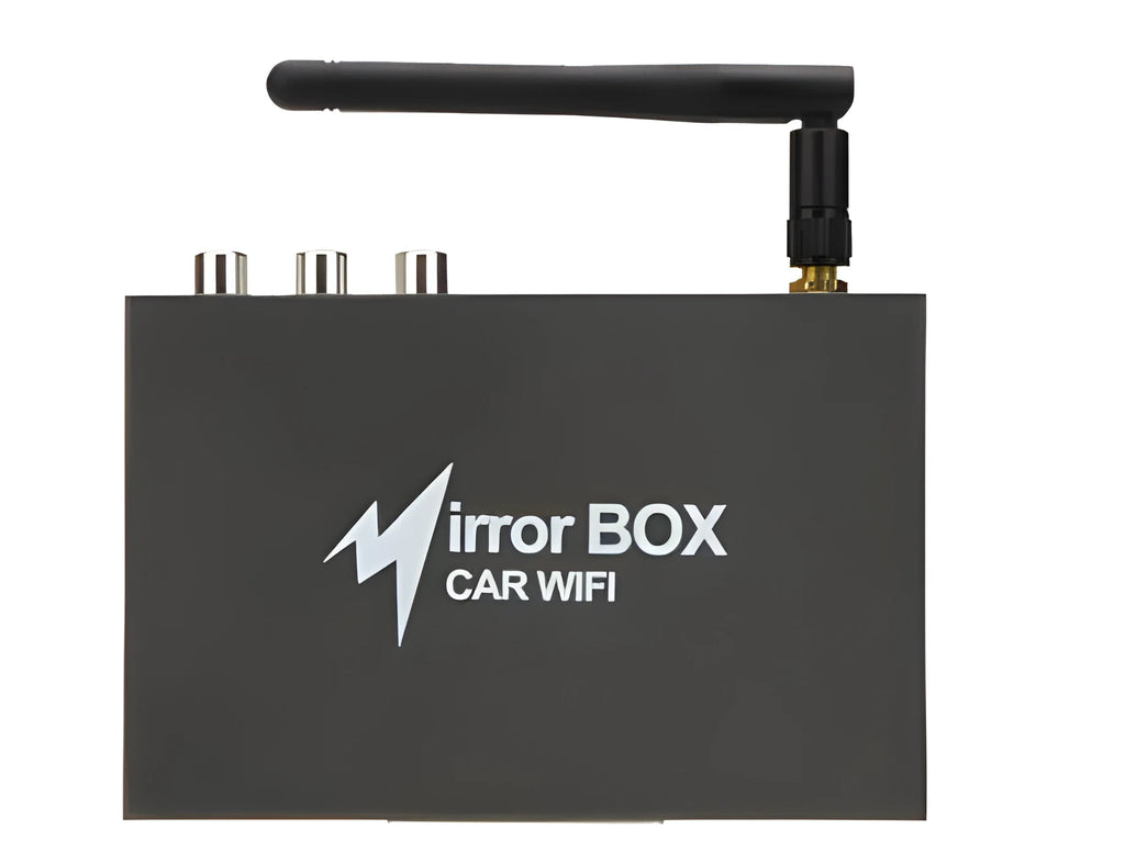 Black car mirror link box Wi-Fi converter with power cable, AV cable, and antenna for smartphone screen mirroring.