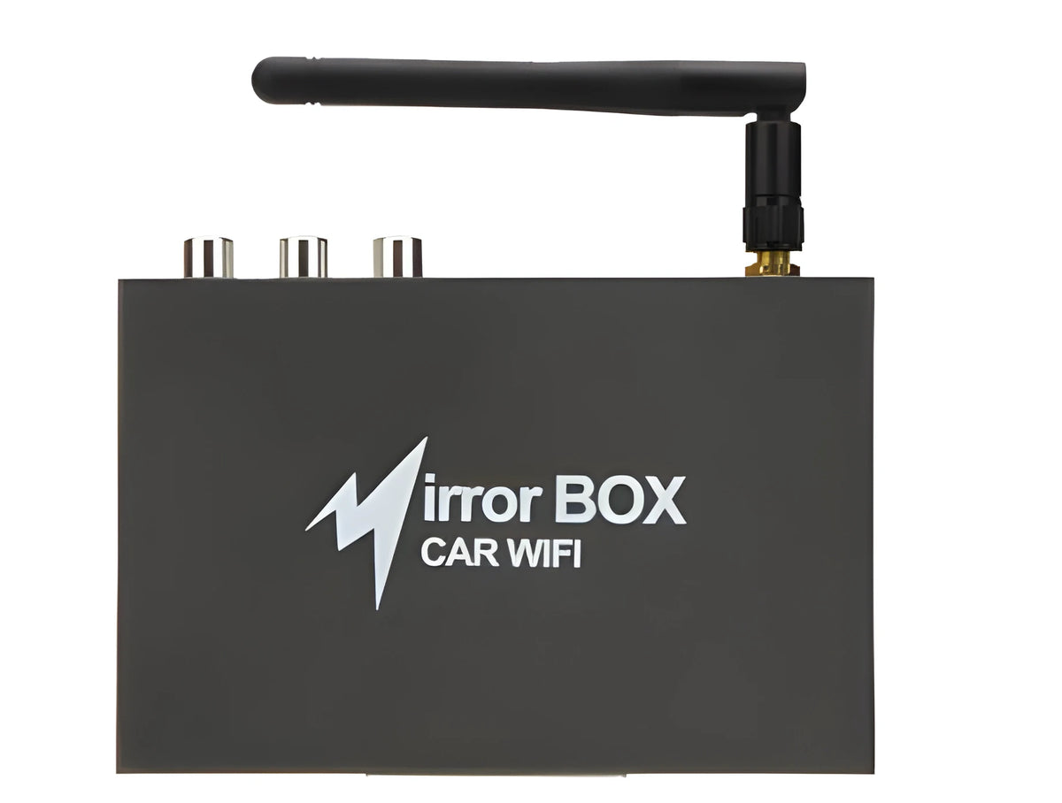 Black car mirror link box Wi-Fi converter with power cable, AV cable, and antenna for smartphone screen mirroring.