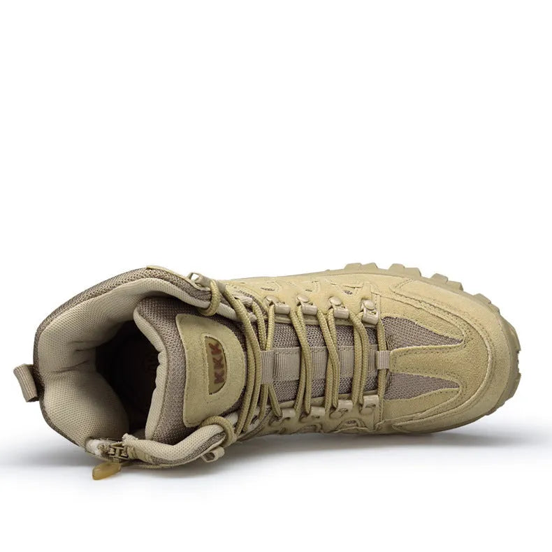 Men's black tactical military boots with rubber sole on an outdoor surface.