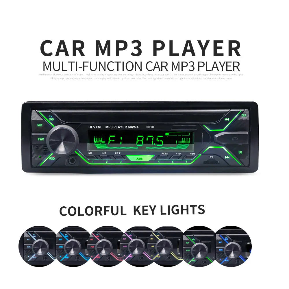 Front view of a black car radio MP3 player with LCD display, rotary volume knob, and buttons for Bluetooth, USB, and radio.