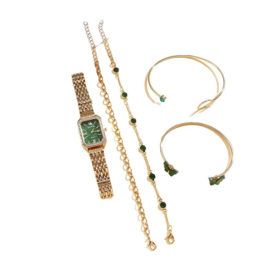 Gold green square dial watch with four matching alloy butterfly bracelets in a 5-piece gift set