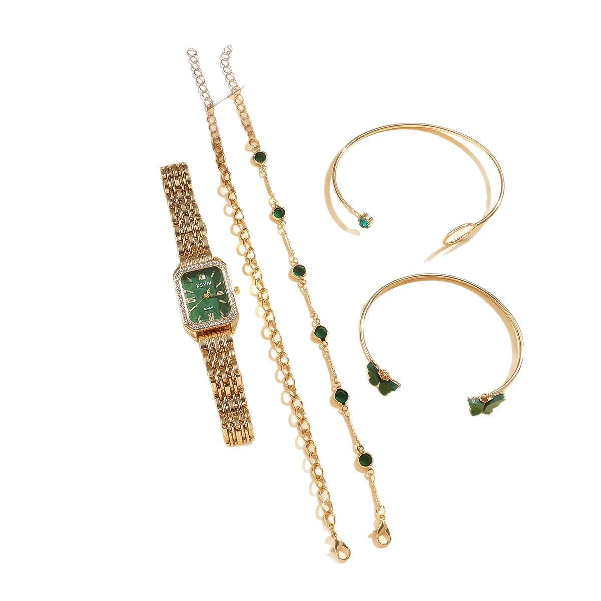 Gold green square dial watch with four matching alloy butterfly bracelets in a 5-piece gift set