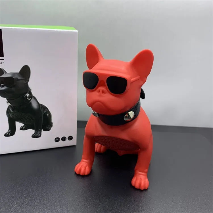 Mini bulldog-shaped Bluetooth speaker in black, red or white colours showing compact design