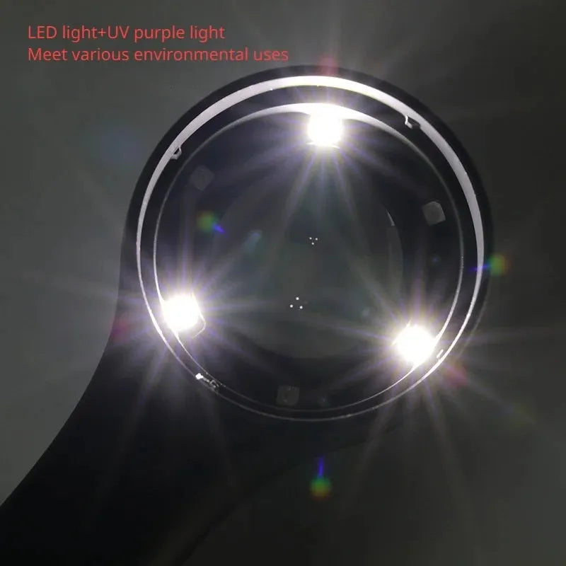 Black aluminium magnifying glass with optical lens and USB-C cable for jewellery appraisal