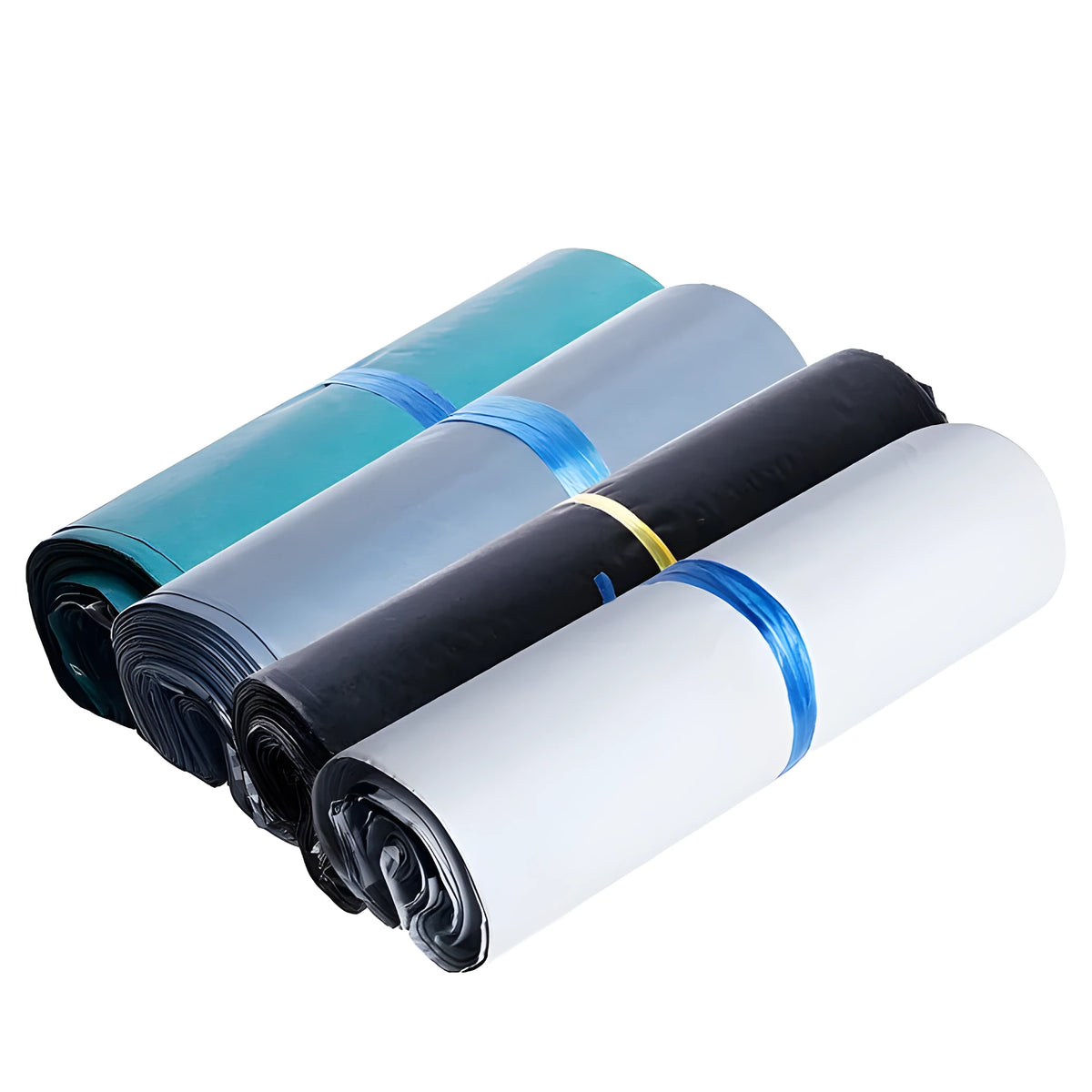 Clear plastic courier bag for clothing with self-adhesive sticker seal, shown in multiple sizes.