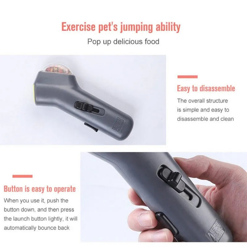 Grey pet snack catapult launcher toy measuring 18cm for dog and cat training