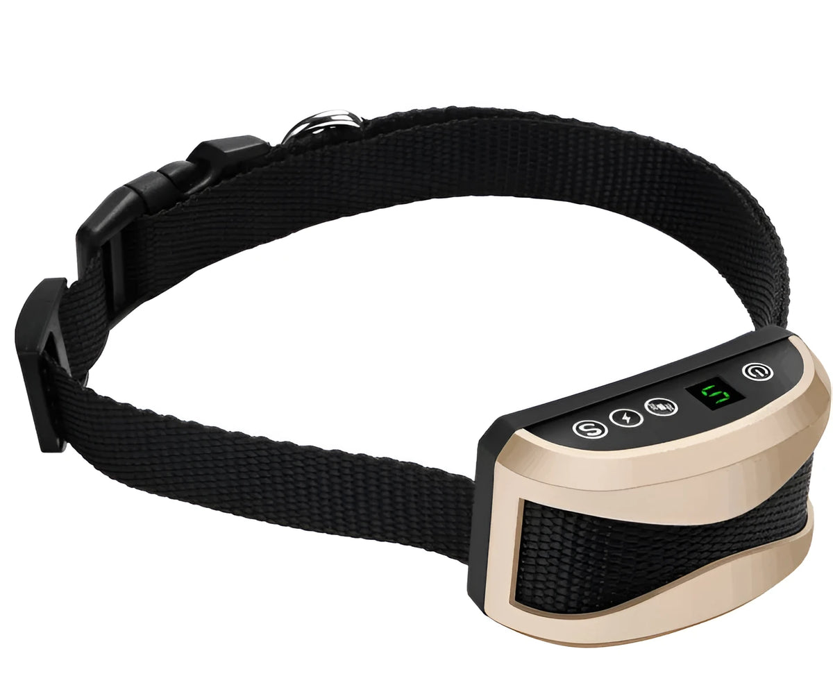 Black electronic anti-bark dog collar with digital display and adjustable strap on a grey background.