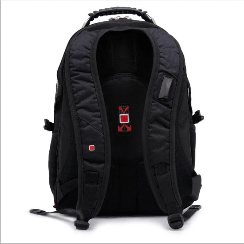Black business laptop backpack showing three compartments open with laptop in padded section