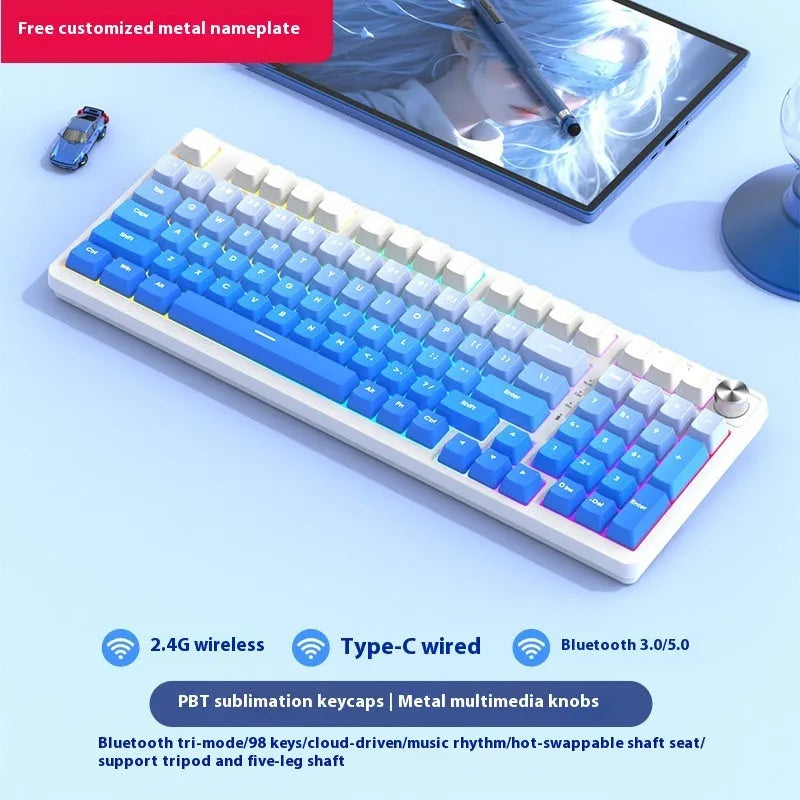 98-key wireless Bluetooth mechanical keyboard kit showing colour theme options and metal knob.