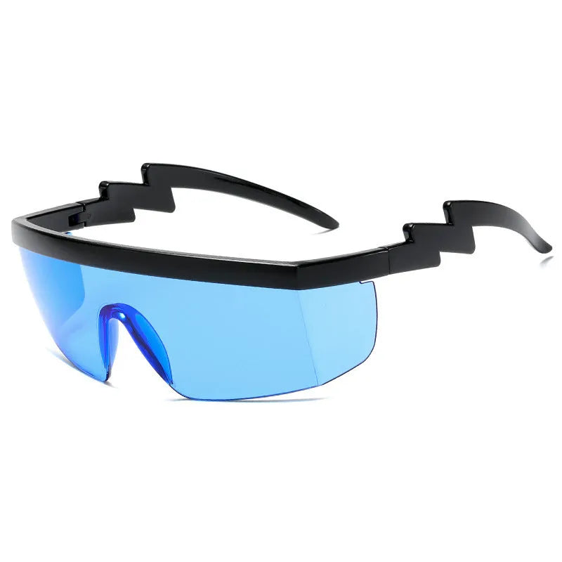 One-piece sports sunglasses with lightning leg design, shown in a black frame with blue lens option.