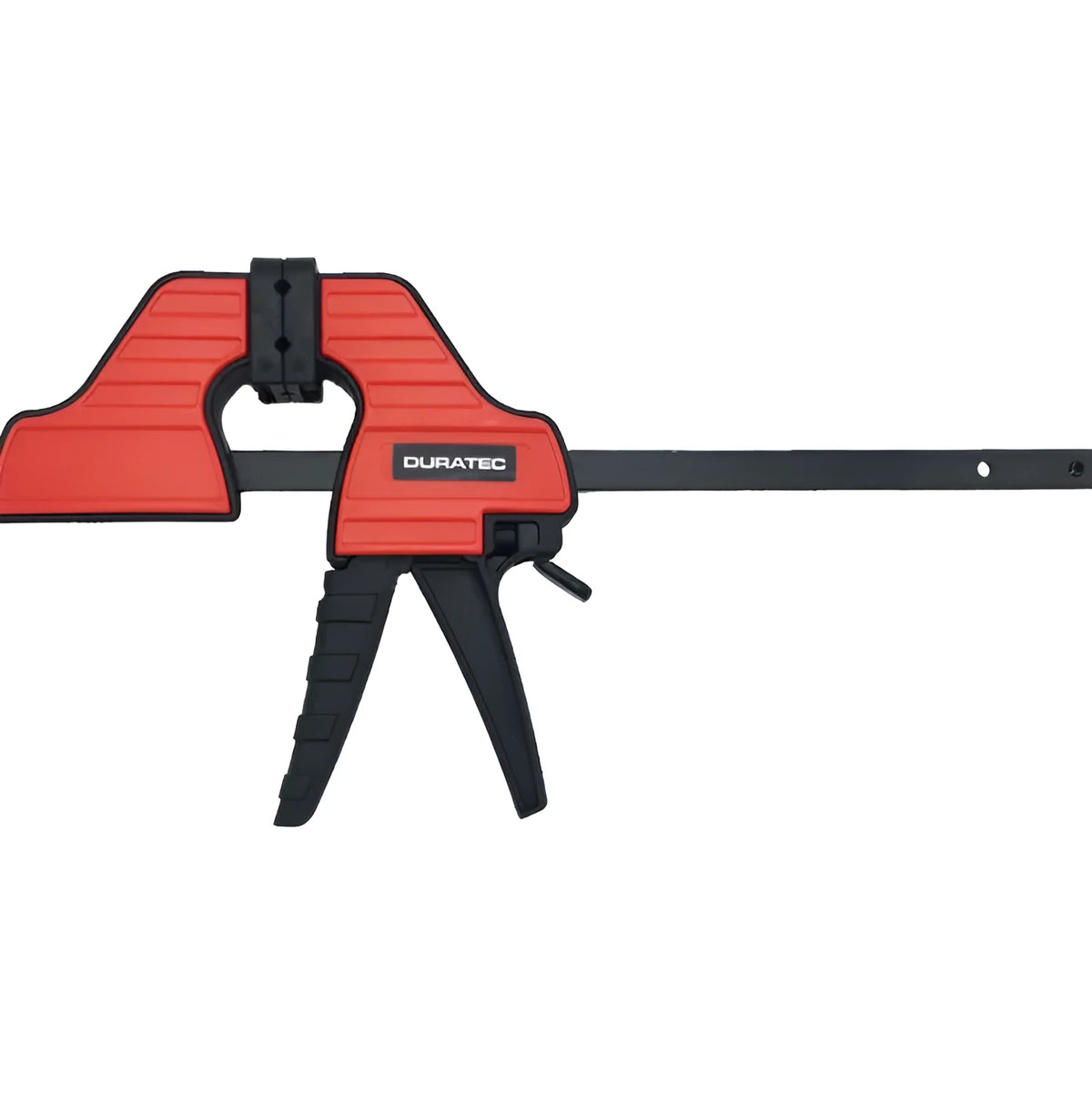 Plastic woodworking clamp with quick-release trigger and soft rubber contact surfaces