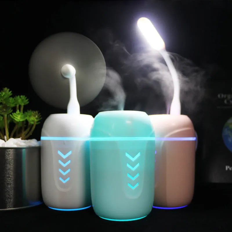 Portable car humidifier with columnar design in blue, pink, and white colour options