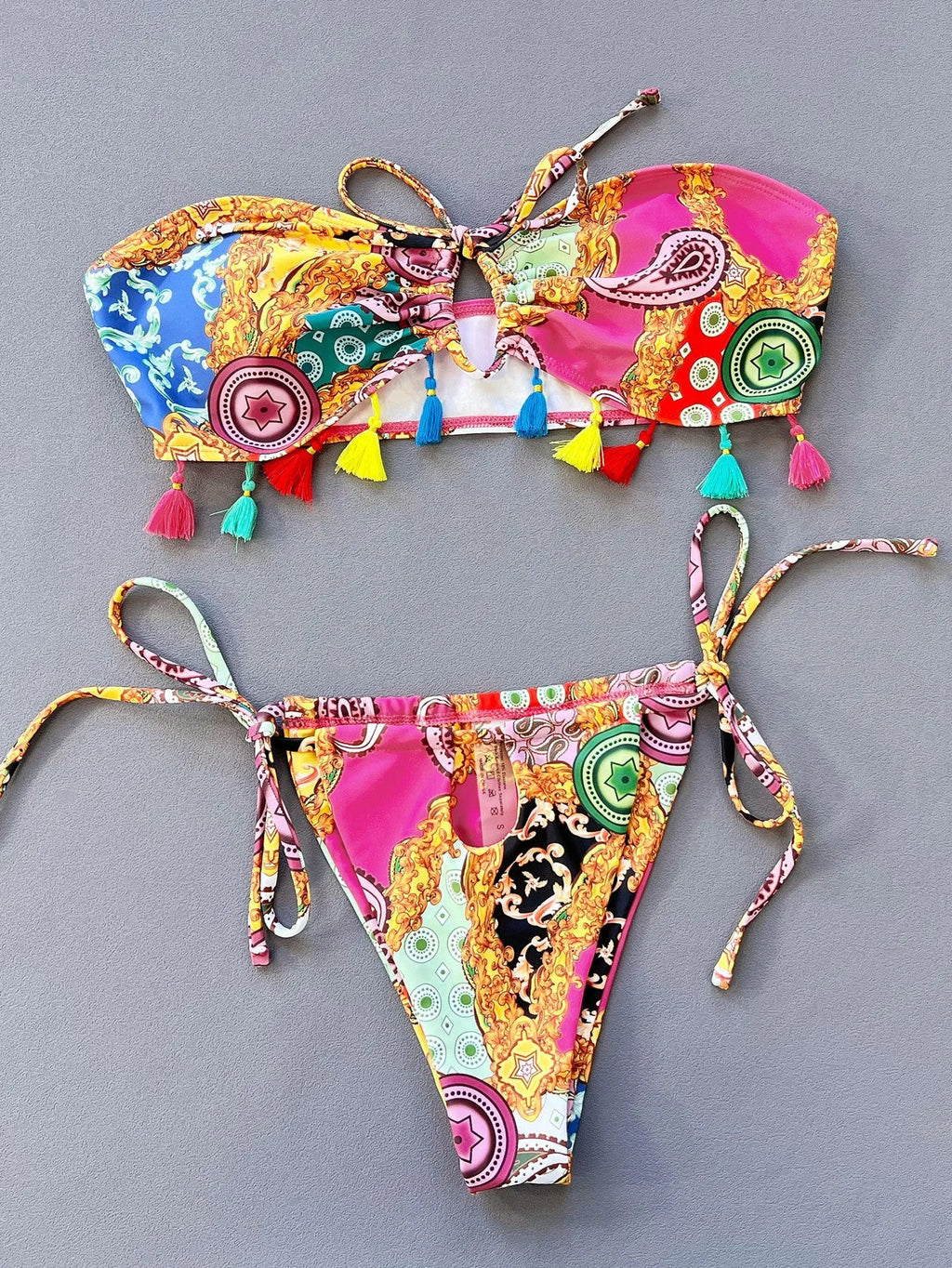 Women's separated tube top bikini set with briefs bottoms in printing pattern design