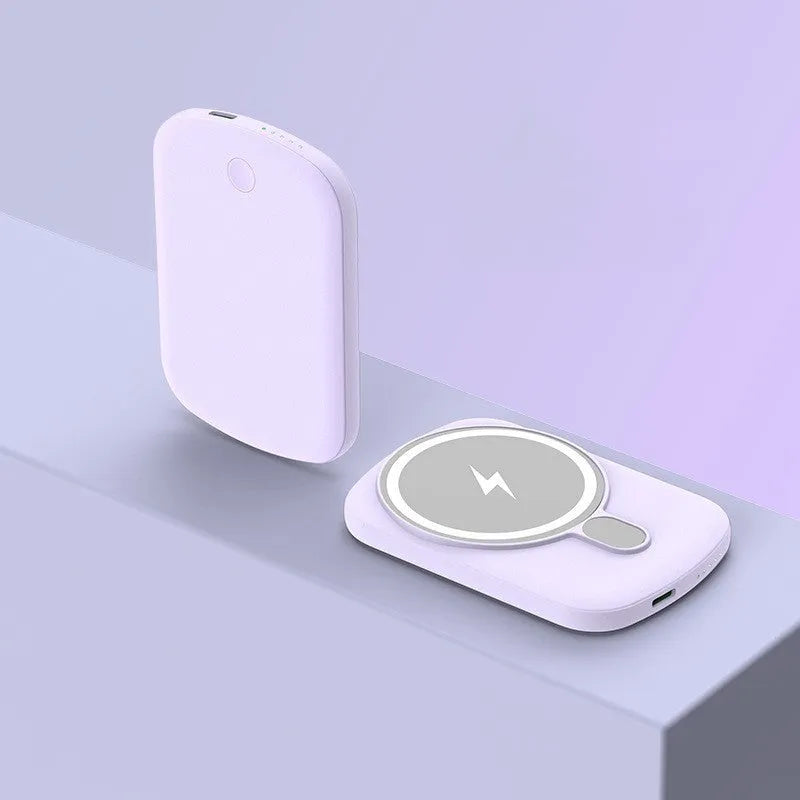 Magsafe magnetic power bank for iPhone wireless charging in black, pink, white, or purple.