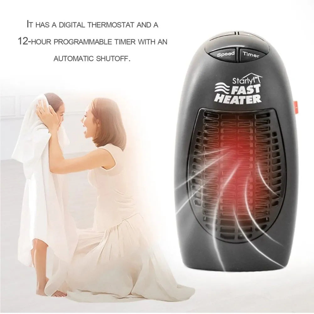 Black compact ceramic electric heater with digital display and a rotating three-prong plug.