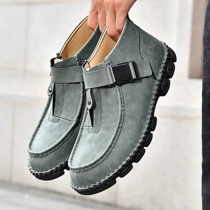 Handmade stitching casual flat bottom slip-on shoes in black, green or brown colours