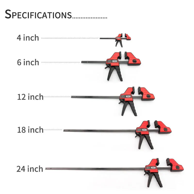 Plastic woodworking clamp with quick-release trigger and soft rubber contact surfaces