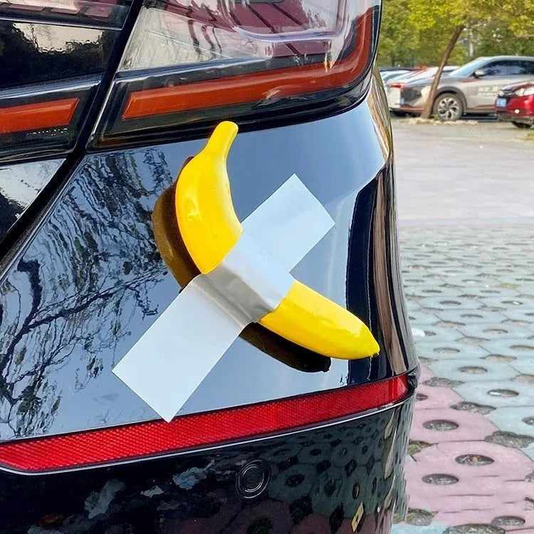 Banana car creative spoof art sticker in foam with cartoon style and silver tape design options.
