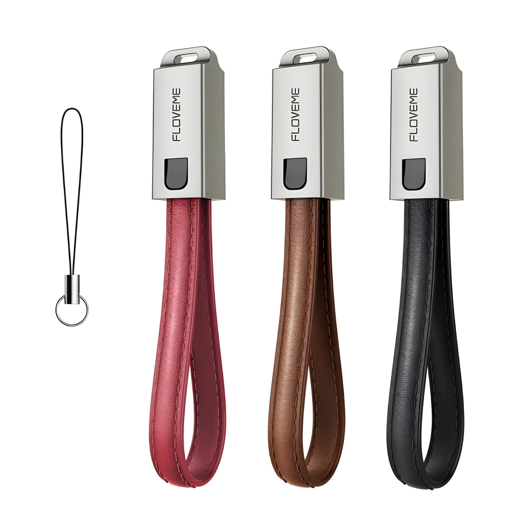 20cm iPhone charging cable with leather wrapping and zinc alloy connector in black, brown or red