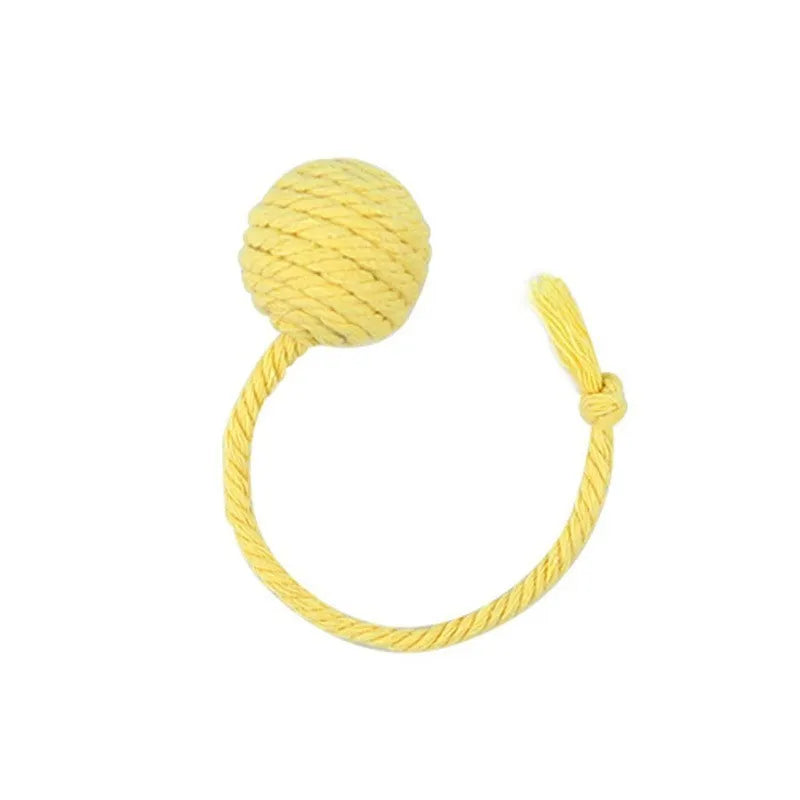 Colourful cat toy ball with rope and internal bell in small and medium sizes.