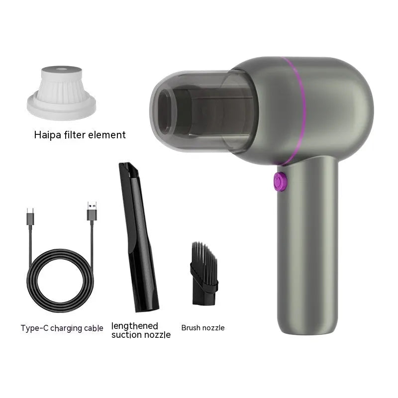 Gray handheld car vacuum cleaner with dust bin and multiple nozzles