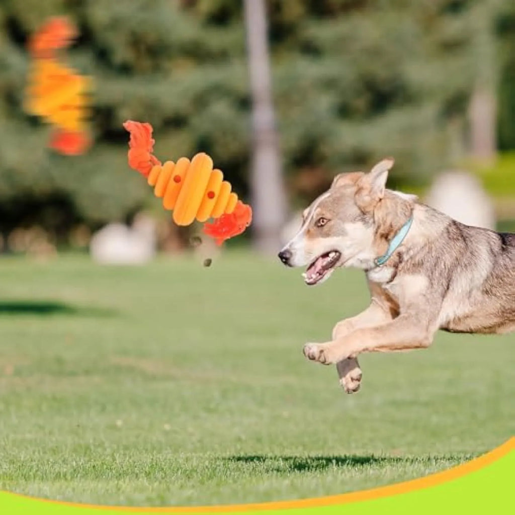 Green and yellow split spiral dog ball with rope attachment for interactive play and treat dispensing