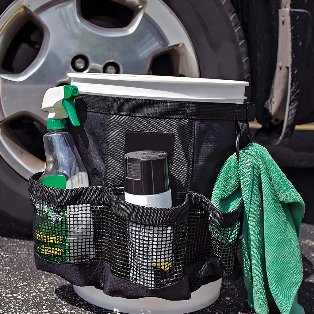 Black cylindrical polyester storage bag hanging with 5 gallon drum compatibility for car washing tools organisation