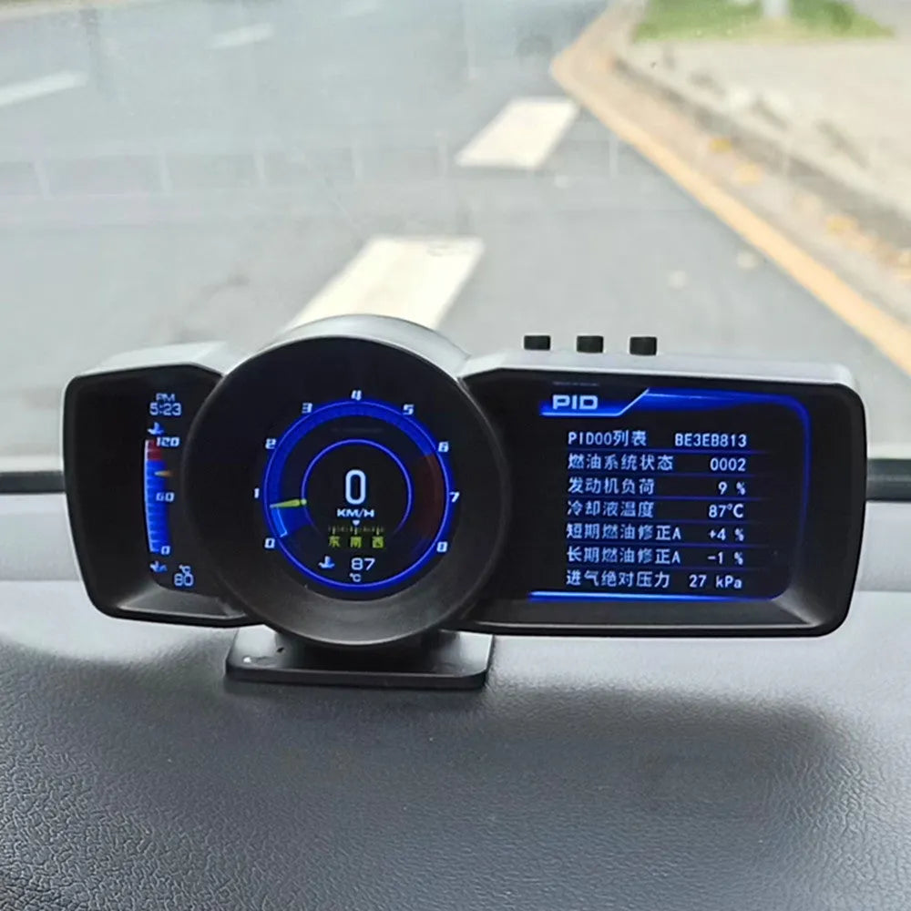 A600 car monitor with OBDII connection cable and dashboard mounting accessories