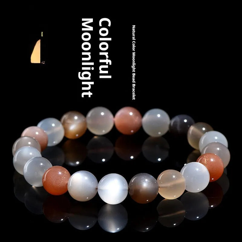 Natural moonstone bracelet with colourful moon light pattern showing 8mm stones in single circle configuration