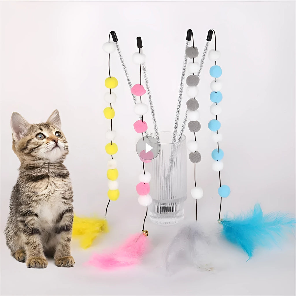Grey cat teaser rod with yellow pompon feather and bell, shown at full 31cm length.